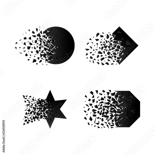 Vector square, circle, star and polygon destruction shapes with debris isolated on white background.