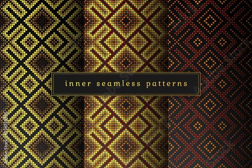 Vector set of sacred geometry seamless pattern; Mixed styles - ancient traditional northern embroidery with contemporary digital design; Psychedelic paganism.