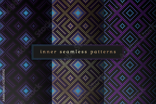 Vector set of sacred geometry seamless pattern; Mixed styles - ancient traditional northern embroidery with contemporary digital design; Psychedelic paganism.