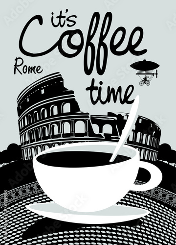 Vector banner on the theme of coffee and travel with handwritten inscriptions and a Cup of coffee on the background of the Prague landscape.