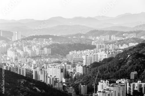 Beautiful black and white view of Seoul from the Asan Mountain. South Korea