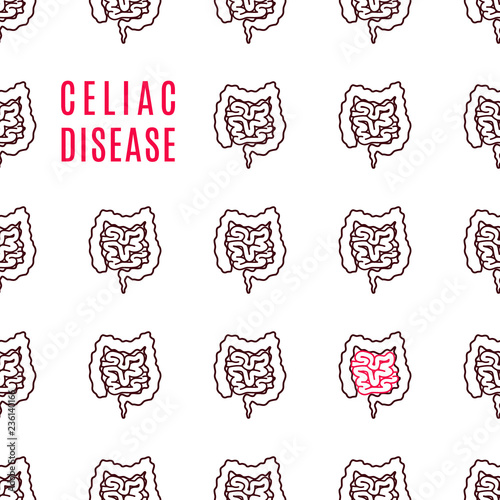Celiac disease awareness poster. Medical pattern of healthy intestines and one affected by the illness. Human body organ sprue disorder caused by sensitivity to gluten. Vector illustration.