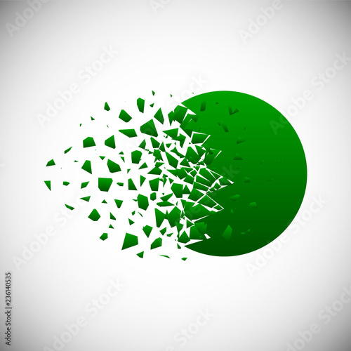 Vector of green gradient circle destruction shapes with debris isolated on vignette background.