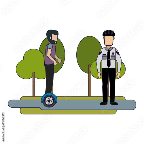 Man and police with hoverboard