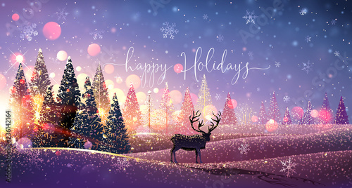 Christmas Card with Reindeer, Winter Sunny Landscape. Vector