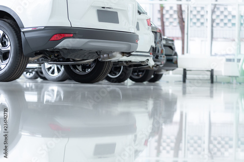 Cars For Sale, Automotive Industry, Cars Dealership Parking Lot. Rows of Brand New Vehicles Awaiting New Owners, on the epoxy floor in new car service