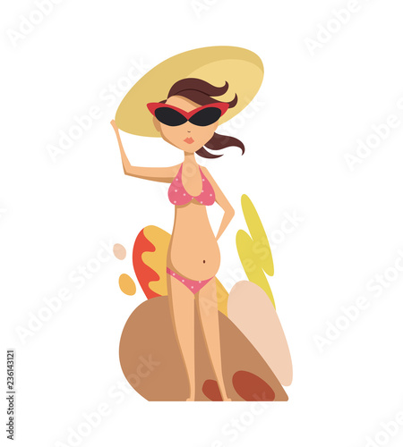 Pregnant woman in swimsuit rest at sea. Beautiful pregnant woman walking on beach in summer vacation.