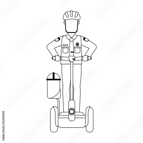 Police with hoverboard black and white