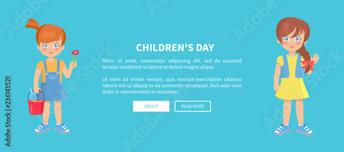 Childrens Day Web Banner with Playful Kids Girls