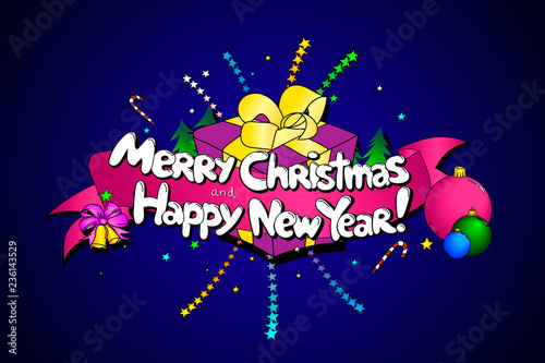 Merry Christmas and Happy New Year. Hand drawned vector creative background. Blue gradient fill