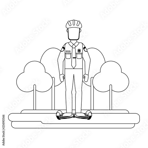 Police with hoverboard black and white