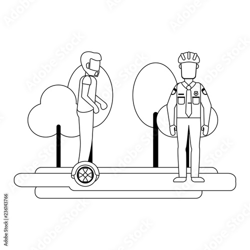 Man and police with hoverboard black and white