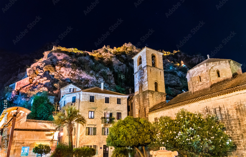 St. Mary Collegiate church at night in Kotor, Montenegro