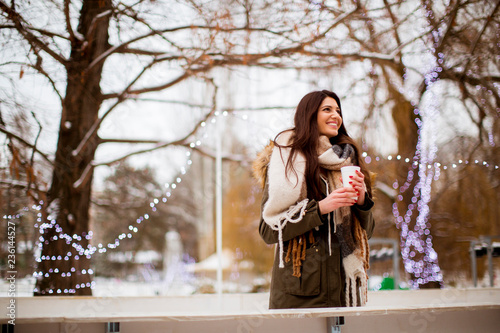Young woman in a snow park ...