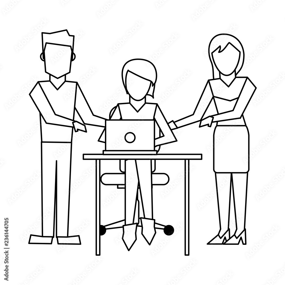 Business coworkers with laptop black and white Business coworkers with laptop black and white