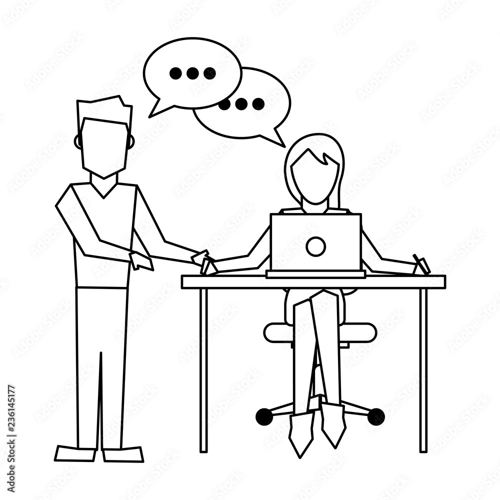 Business coworkers with laptop black and white Business coworkers with laptop black and white