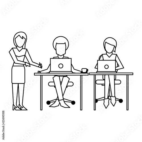 Business coworkers with laptop black and white