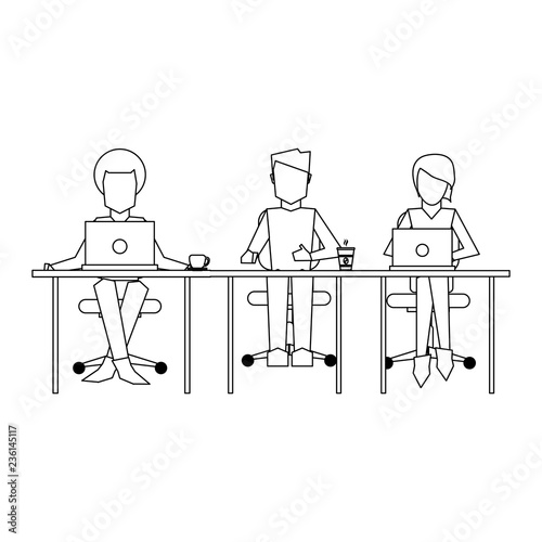 Business coworkers with laptop black and white