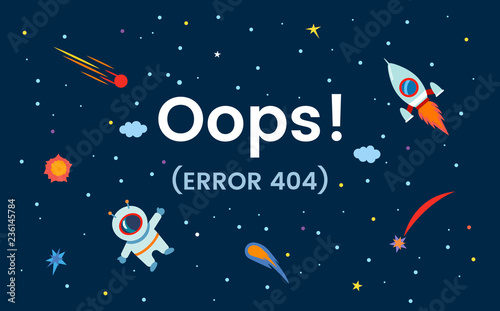 Space with the stars, the cosmonaut and the rocket. Site error 404. Page not found.platform vector illustration for web