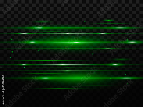 Abstract green flash and laser beams. Isolated on a transparent black background. Vector illustration