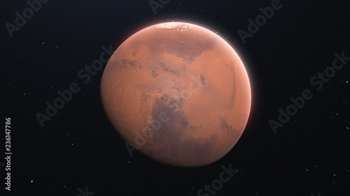 The planet Mars. High resolution red globe in space with stars. 3d render for science, business presentations and design.