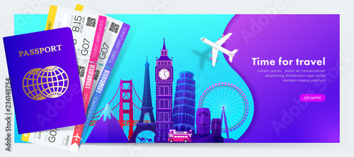 Travel banner design with famous landmarks in modern gradient style for travel or tourism website,  passport with tickets. Vector illustration