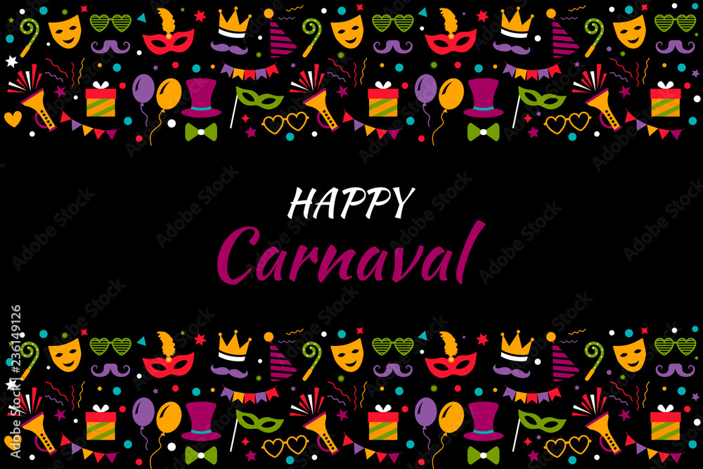 Celebration festive background with carnival icons and elements of the Venetian or Brazilian carnival. Colorful banner. flat vector illustration isolated