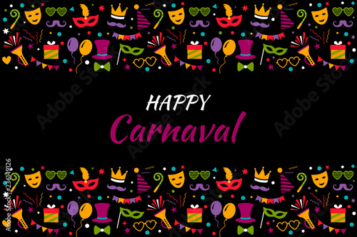 Celebration festive background with carnival icons and elements of the Venetian or Brazilian carnival. Colorful banner. flat vector illustration isolated © Higher than clouds