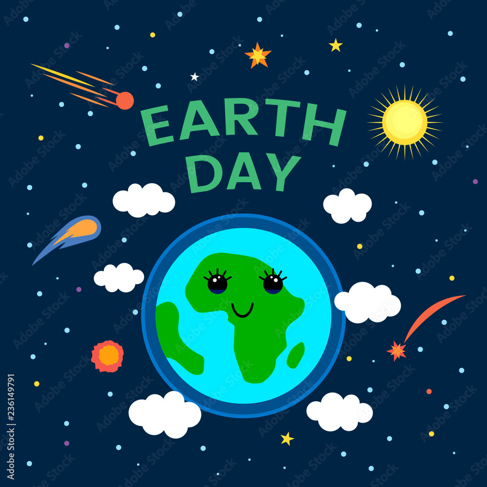 Naklejka premium April 22 is the day of the Earth. funny comic poster in a cartoon style. Planet Earth in space with stars and comets. flat vector illustration