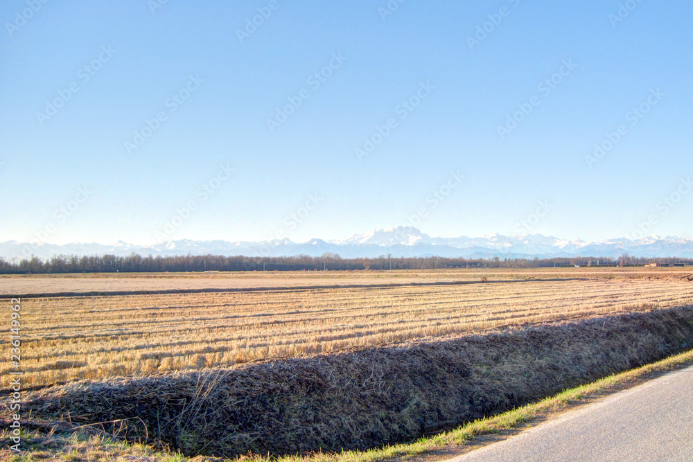 Naklejka premium A landscape of a harvested crop field next to an artificial canal with Monte Rosa massif in the background, in Bellinzago, Piedmont region, Italy