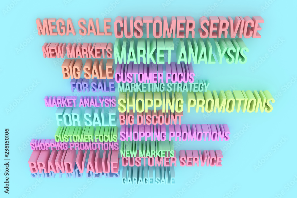 Abstract CGI typography, business marketing related keywords. Wallpaper for graphic design. Colorful 3D rendering.