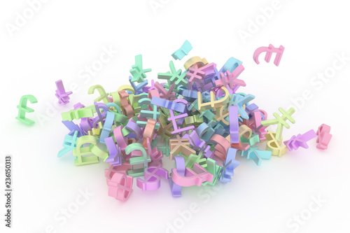Illustrations of CGI typography  bunch of currency sign  money or profit for graphic design or wallpapers. Colorful 3D rendering.