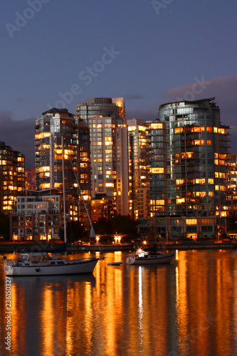 Vertical night view of the Vancouver skyline