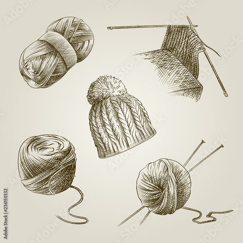 Hand Drawn Knitting Sketches Set. Collection Of knitting wool, knitting needles and knitting hat. Knitting elements Sketches isolated on pld paper background.