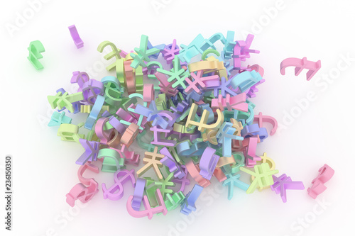 Colorful 3D rendering. CGI typography, bunch of currency sign, money or profit for design texture, background.