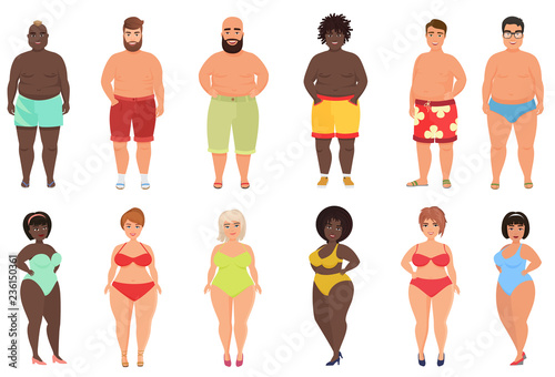 Set of overweight, fat curvy women girls and beach man in swimming bath suits vector illustration.