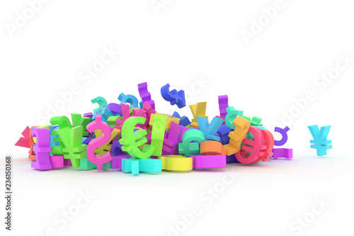 Abstract CGI typography  bunch of currency sign represent money or profit. Wallpaper for graphic design. Colorful 3D rendering.