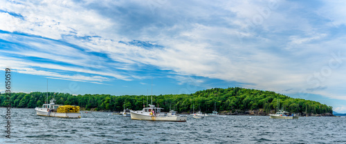 Lobster Boats Anchored in a  Maine Harbor