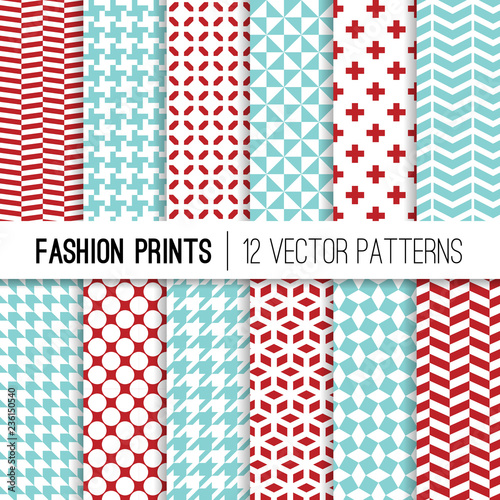 Geometric Fashion Prints Vector Patterns in Aqua Blue, Red and White. Christmas Backgrounds. Houndstooth, Herringbone, Triangles, Lattice, Polka Dots and Chevron. Repeating Pattern Tile Swatches Incl