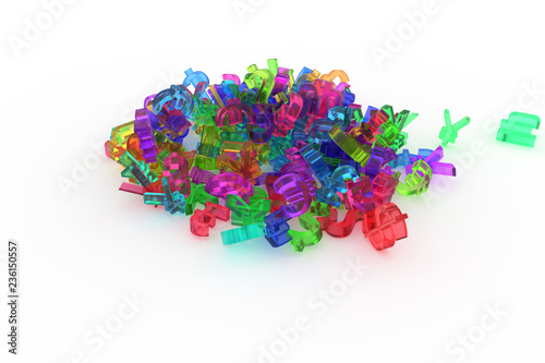 Abstract CGI typography, bunch of currency sign represent money or profit. Wallpaper for graphic design. Colorful transparent plastic or glass 3D rendering.