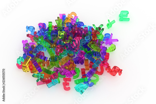 Decorative, illustrations CGI typography, bunch of currency sign represent money or profit, for design texture background. Colorful transparent plastic or glass 3D rendering.