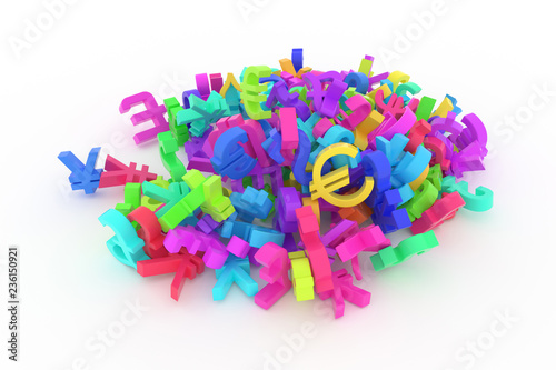 Fototapeta Naklejka Na Ścianę i Meble -  Colorful 3D rendering. Background abstract CGI typography, bunch of currency sign represent money or profit for design, graphic resource.