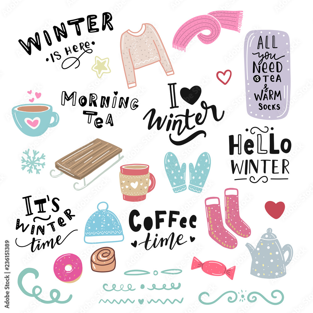 Winter illustration and hand lettering phrase morning tea, hello ...