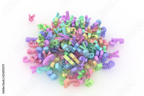 Decorative, illustrations CGI typography, bunch of currency sign represent money or profit, for design texture background. Colorful 3D rendering.