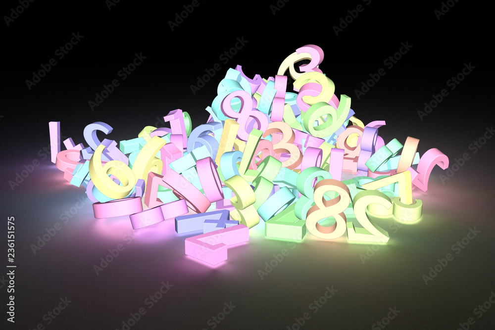 Colorful 3D rendering. Abstract CGI typography, character 123 number. Wallpaper for graphic design.