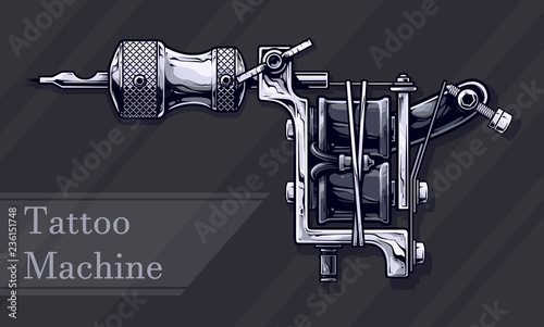 Graphic detailed black and white metal tattoo machine. On black background with stripes. Vector icon. Vol. 1