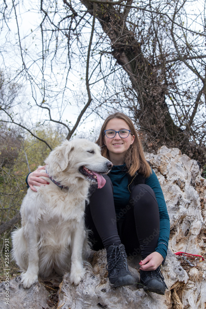 Woman and dog in the forest Woman and dog in the forest