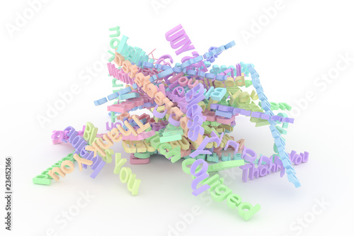 Colorful 3D rendering. Background abstract CGI typography, character thank you for design, graphic resource.