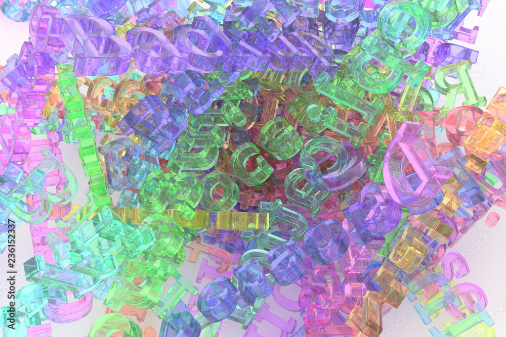 Colorful transparent plastic or glass 3D rendering. Bunch of computer technology related keywords for information overload. For graphic design or background, CGI typography.