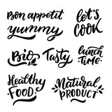 Hand drawn lettering set for food blogers with words bon appetit, yummy, let's cook, bio, tasty, lunch time, healthy food, natural product for stickers, banners, foto overlay, logo, packaging.